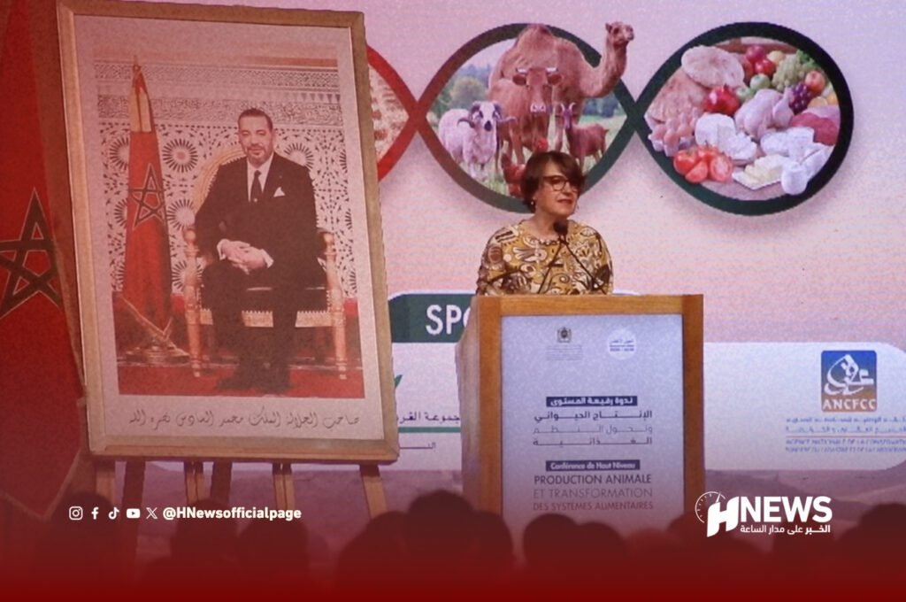 Speaker at a podium delivering a talk; a large framed portrait of the Moroccan king stands to her left.