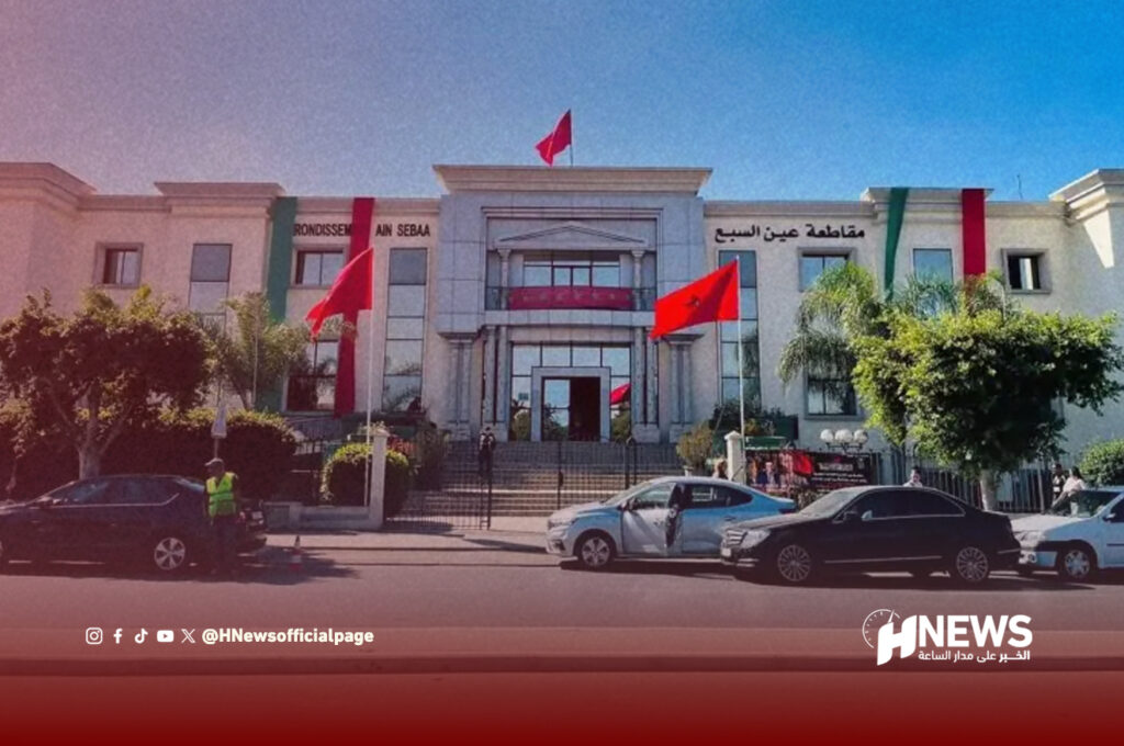 Front view of a large white government building with red flags, steps, and several parked cars in front.