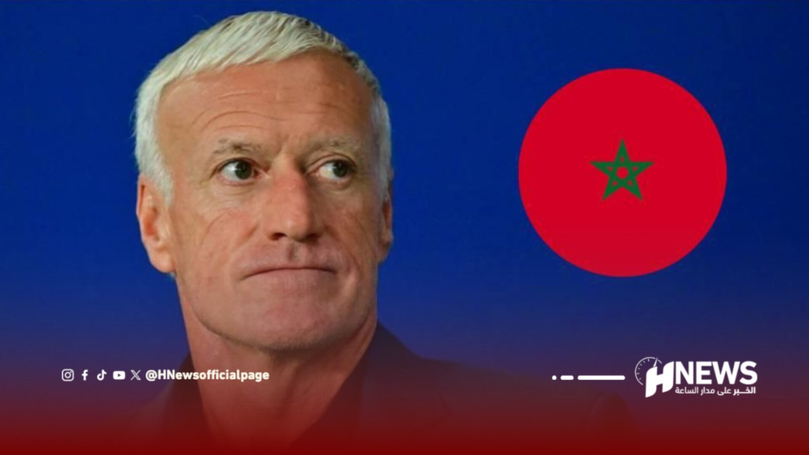 Man's head-and-shoulders on the left, looking to the right, with a Moroccan flag emblem (red circle with green star) on a blue background behind him.
