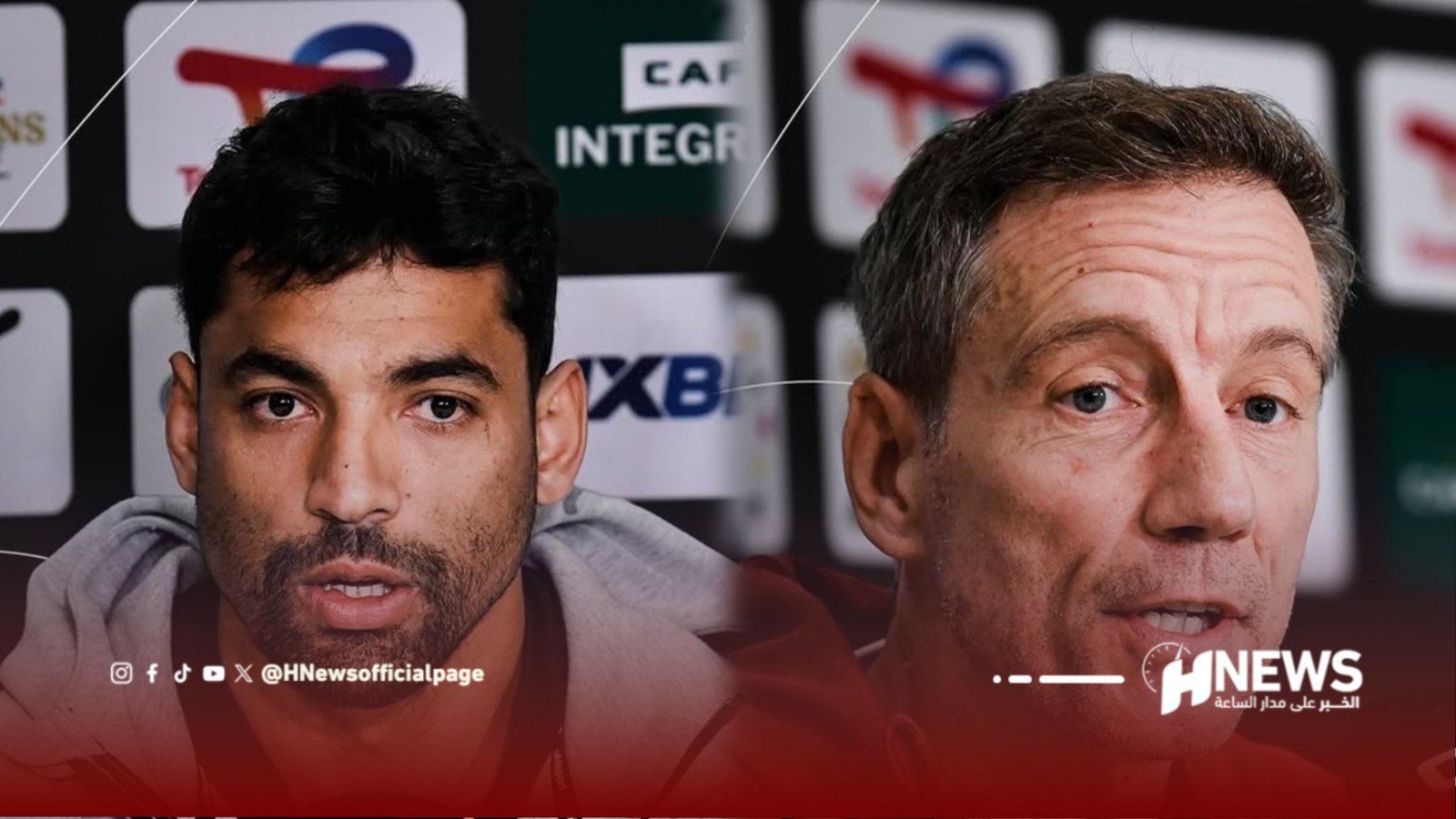 Two male athletes at a press conference, with sponsor logos in the background.