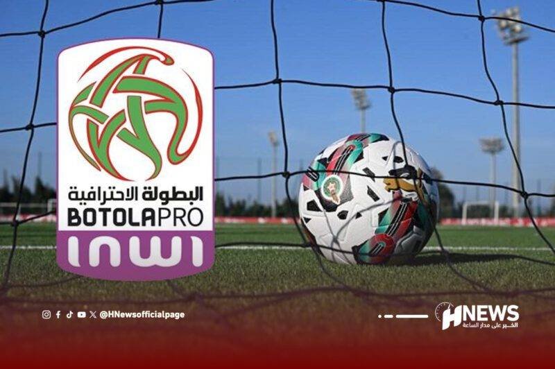 Soccer ball near the goal net on a sunny field beside the Botola Pro INWI logo and branding.