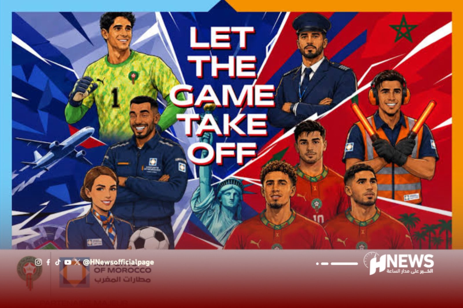 Bold collage poster showing Moroccan athletes across sports with the slogan 'LET THE GAME TAKE OFF' on blue/red panels and a plane motif in the background.