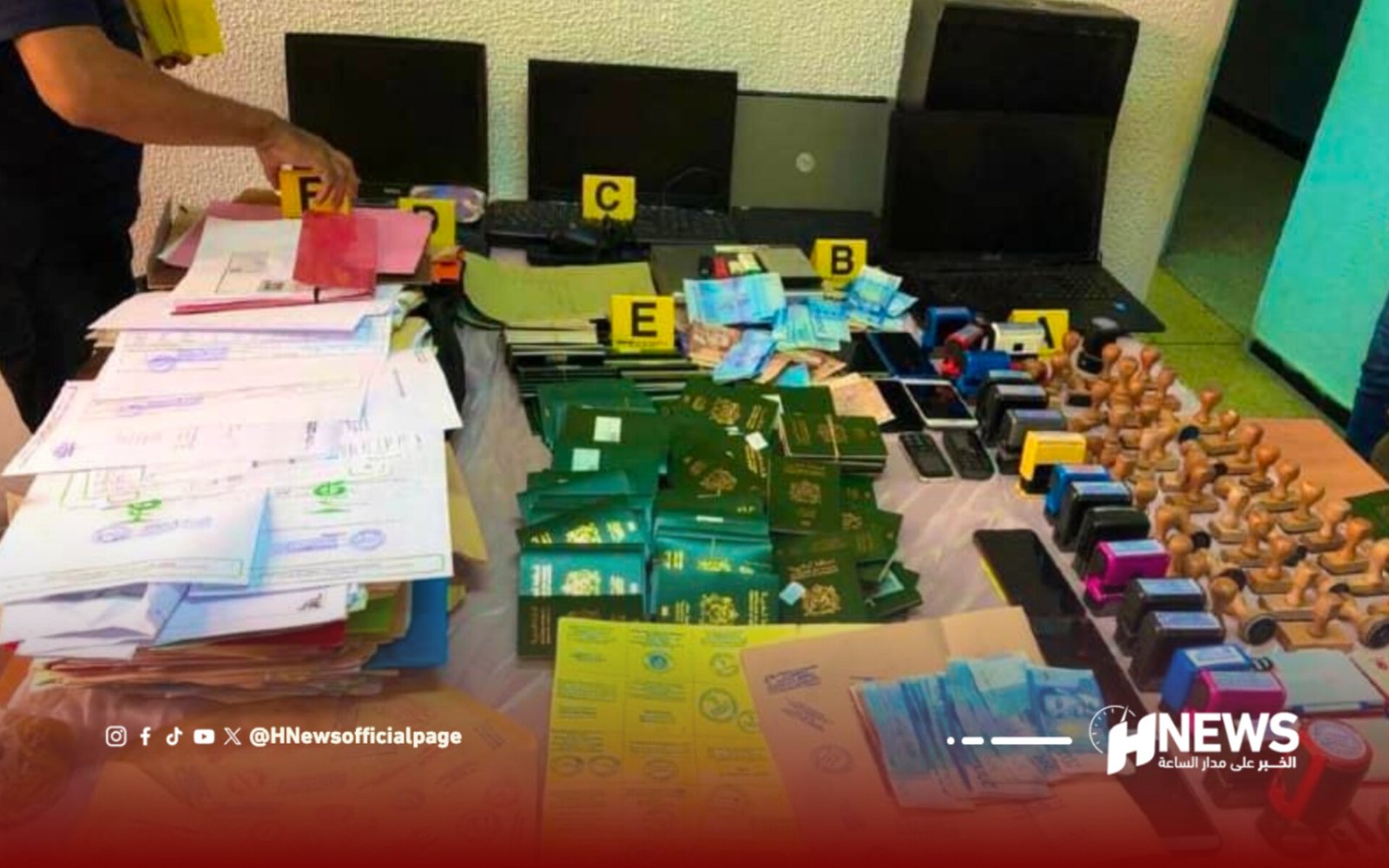 Desk cluttered with documents, cash, and office tools; yellow evidence markers labeled B, C, E, F indicate an investigation scene.
