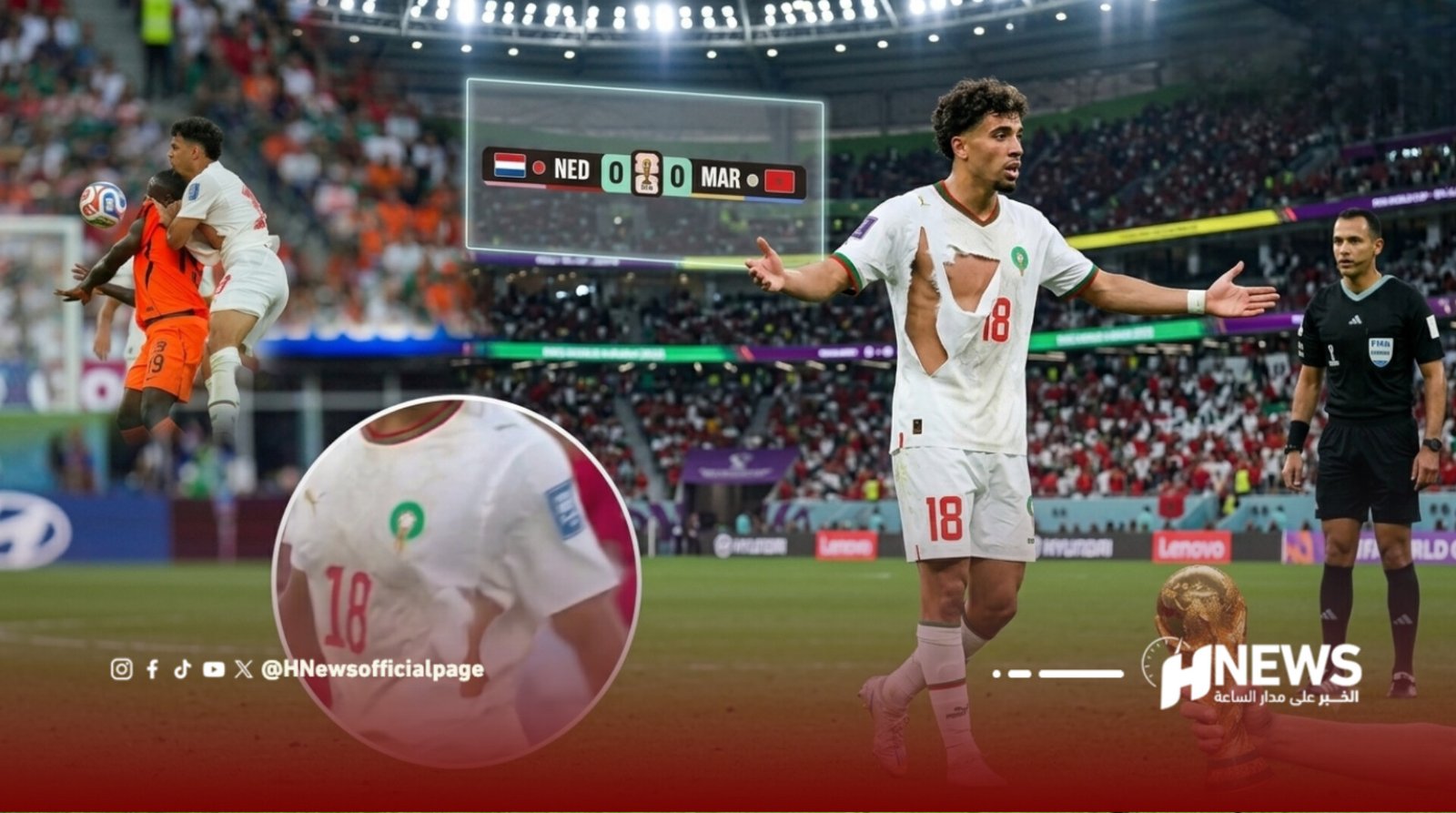Soccer player with arms outstretched watches the ball as others compete in a stadium with a scoreboard above.
