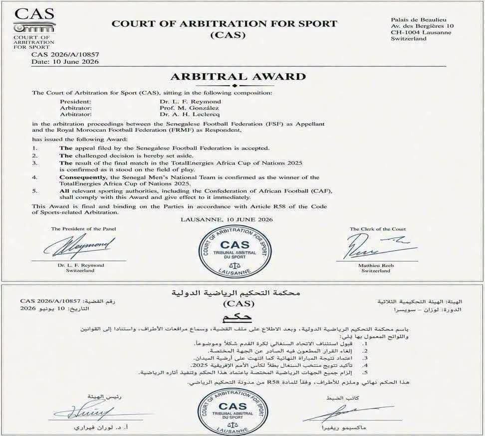 CAS arbitration award certificate issued by the Court of Arbitration for Sport, dated 10 June 2026, Lausanne, with signatures and CAS seal (two-page document in English and Arabic).
