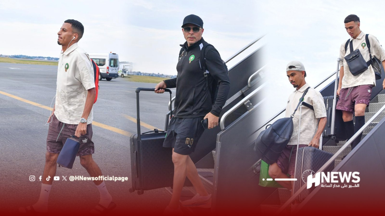 Three young men with rolling suitcases and backpacks board a plane at the tarmac.