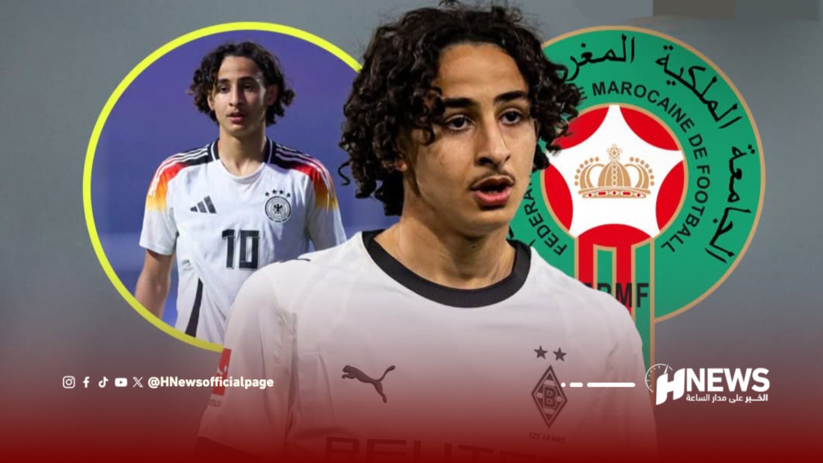 Two young football players in white jerseys pose in front of circular emblems, with a Morocco football federation crest in the background.