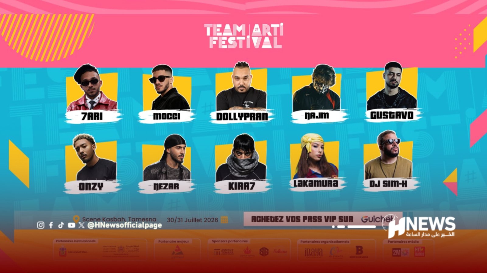 Poster for Team Art Festival displaying a grid of artists with each photo in a yellow frame and bold names beneath; pink header reads Team Art Festival.
