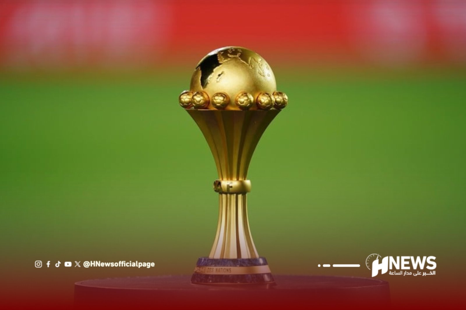 Gold trophy centered on a pedestal, with a red and green blurred background and social logos along the bottom edge