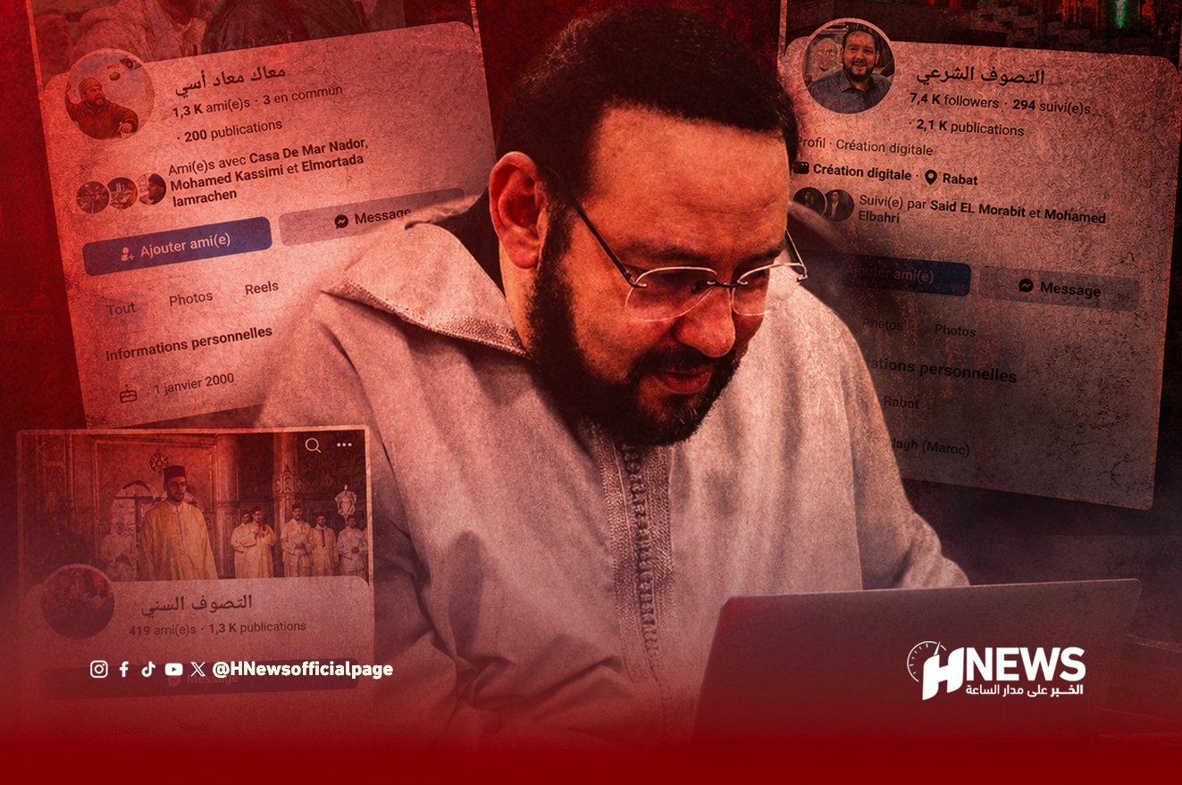 Man with beard and glasses using a laptop, a red overlay with social media profile panels in the background and an HNews logo in the corner.