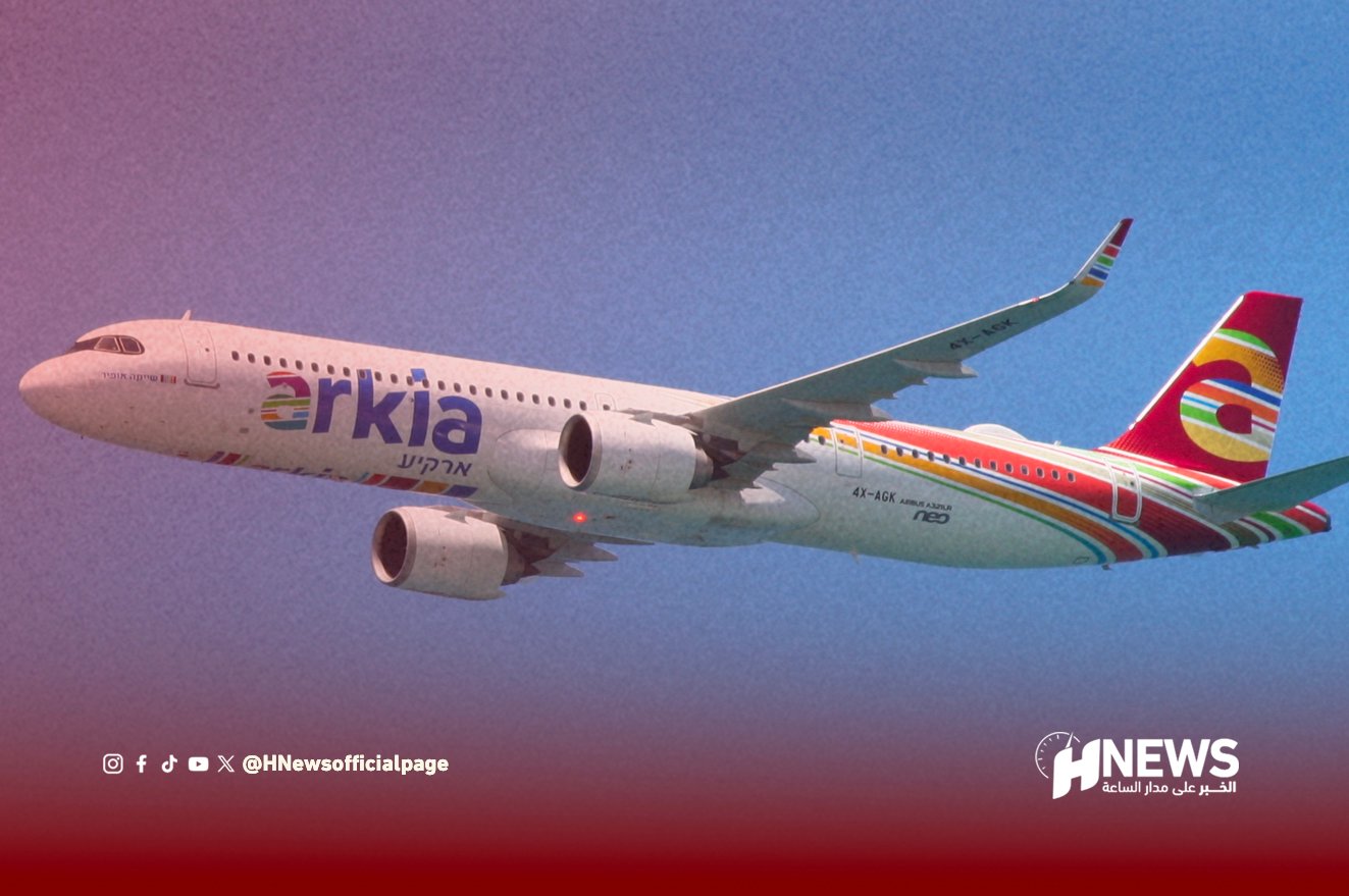 Arkia passenger airliner in blue sky with colorful tail, HNEWS watermark bottom right and social icons bottom left.