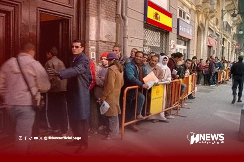 الهجرة الى اسبانيا | H-NEWS آش نيوز Crowd of people lined up behind orange barriers on a city street, Spanish flag displayed above the storefront entrance.
