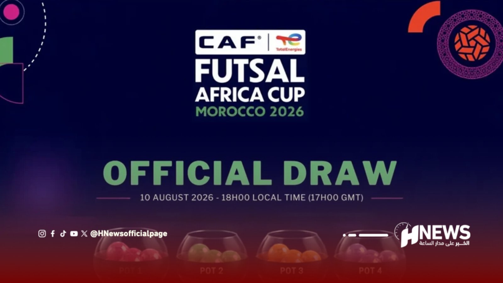 Poster announcing the CAF Futsal Africa Cup Morocco 2026 Official Draw with decorative shapes and logos.