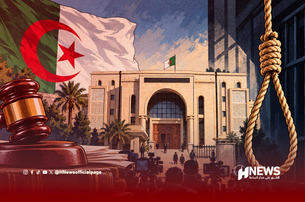 عقوبة الاعدام | H-NEWS آش نيوز Algerian courthouse scene with a large gavel in the foreground, flag, palm trees, and cameras recording outside the building.