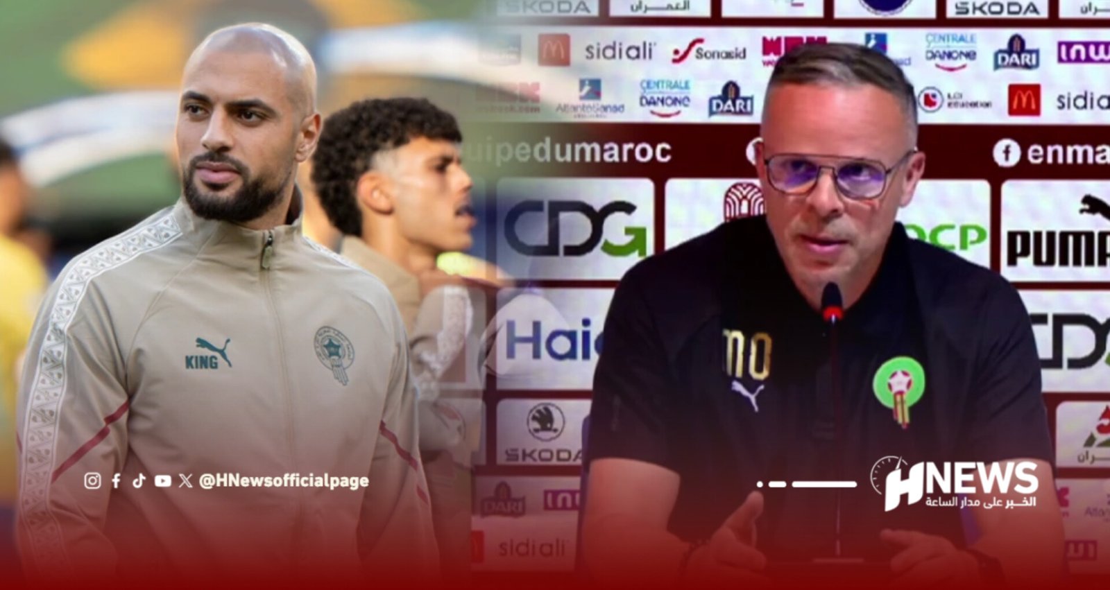 Two men at a press conference: a bald footballer in a beige tracksuit on the left and a coach speaking into a microphone on the right, with sponsor logos in the backdrop.