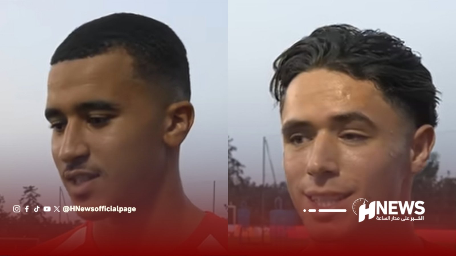 Split-screen photo of two young men outdoors, left with short hair and right with slicked-back hair, overlaid with a red bar and HNews watermark.