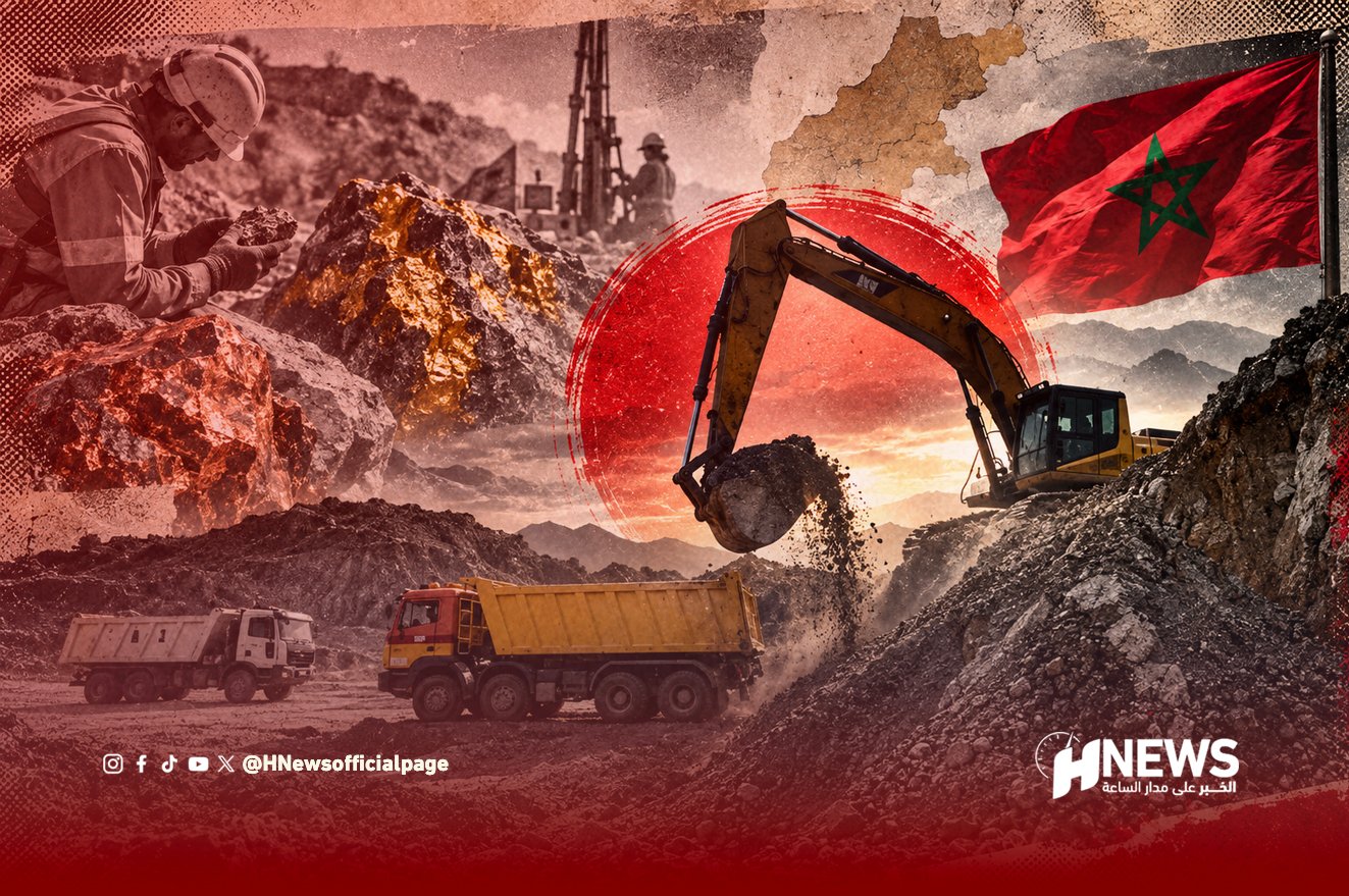 Mining site in Morocco with an excavator loading rock into a dump truck, Moroccan flag in the background and the HNEWS logo nearby.