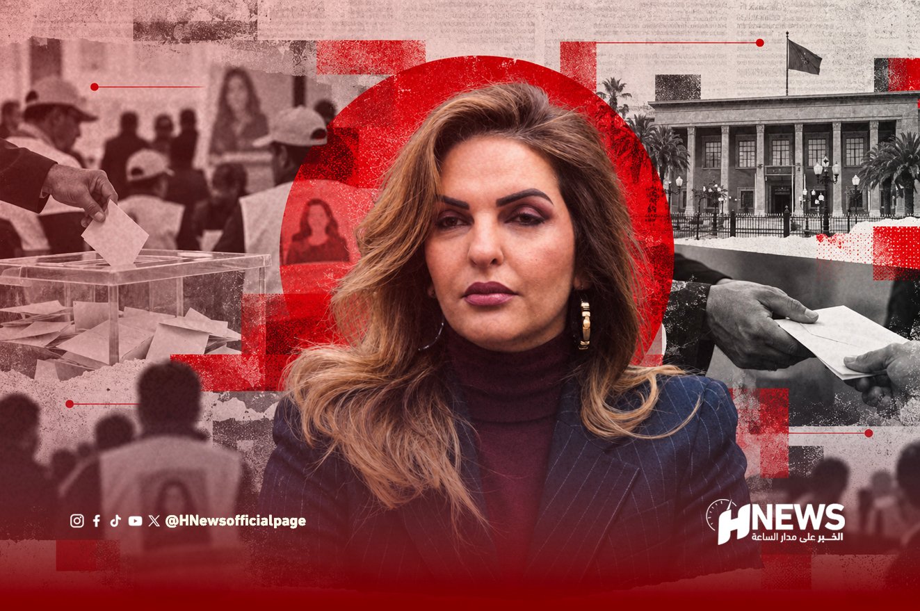 Portrait of a woman journalist in front of a red-tinted collage of voters, ballots, and a government building with the HNews logo.