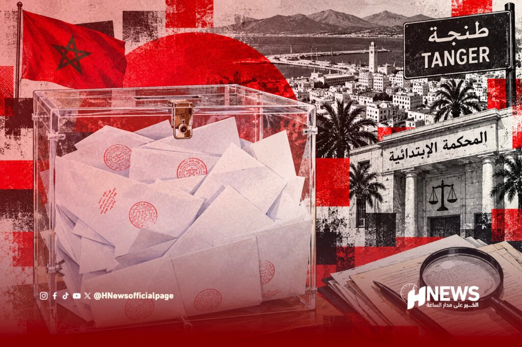 Ballot box overflowing with envelopes in a red-tinted collage showing Tangier sign, Moroccan flag, and a courthouse—elections in Tangier, Morocco.