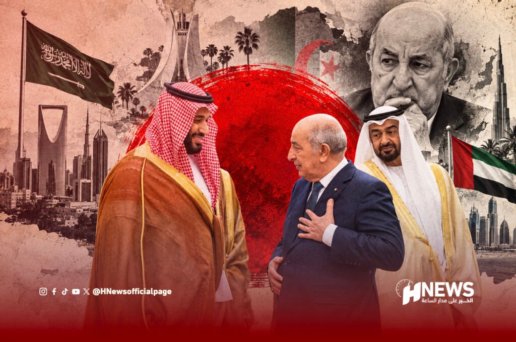 Three men, two in traditional Gulf attire and one in a suit, smile and converse in front of a collage of flags, landmarks, and a red sunburst; news logo in corner.