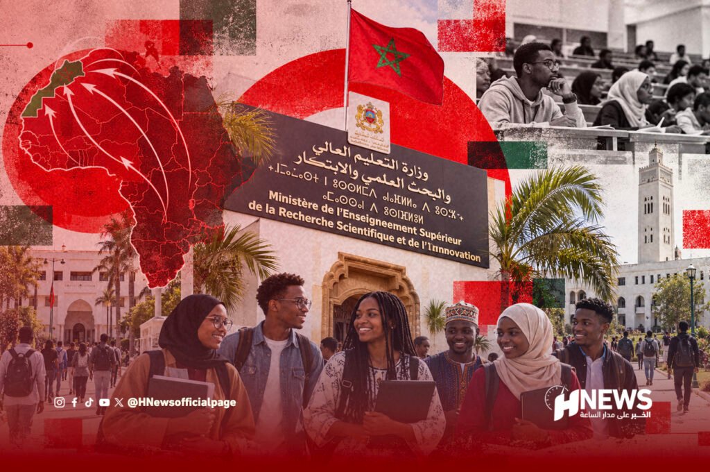 Diverse group of students walking on campus with a Moroccan flag and university signage in Arabic and French, overlaid with map and graphic collage behind.