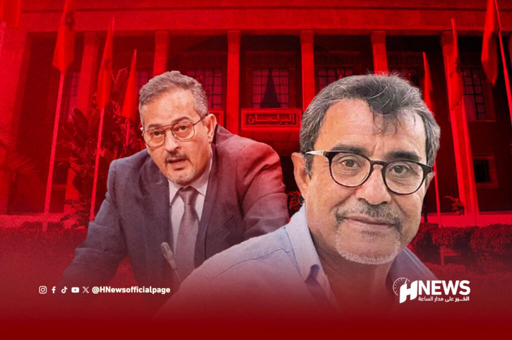 Two men in business attire on a red-tinted news banner with the HNews logo in the corner and social icons at the bottom left.