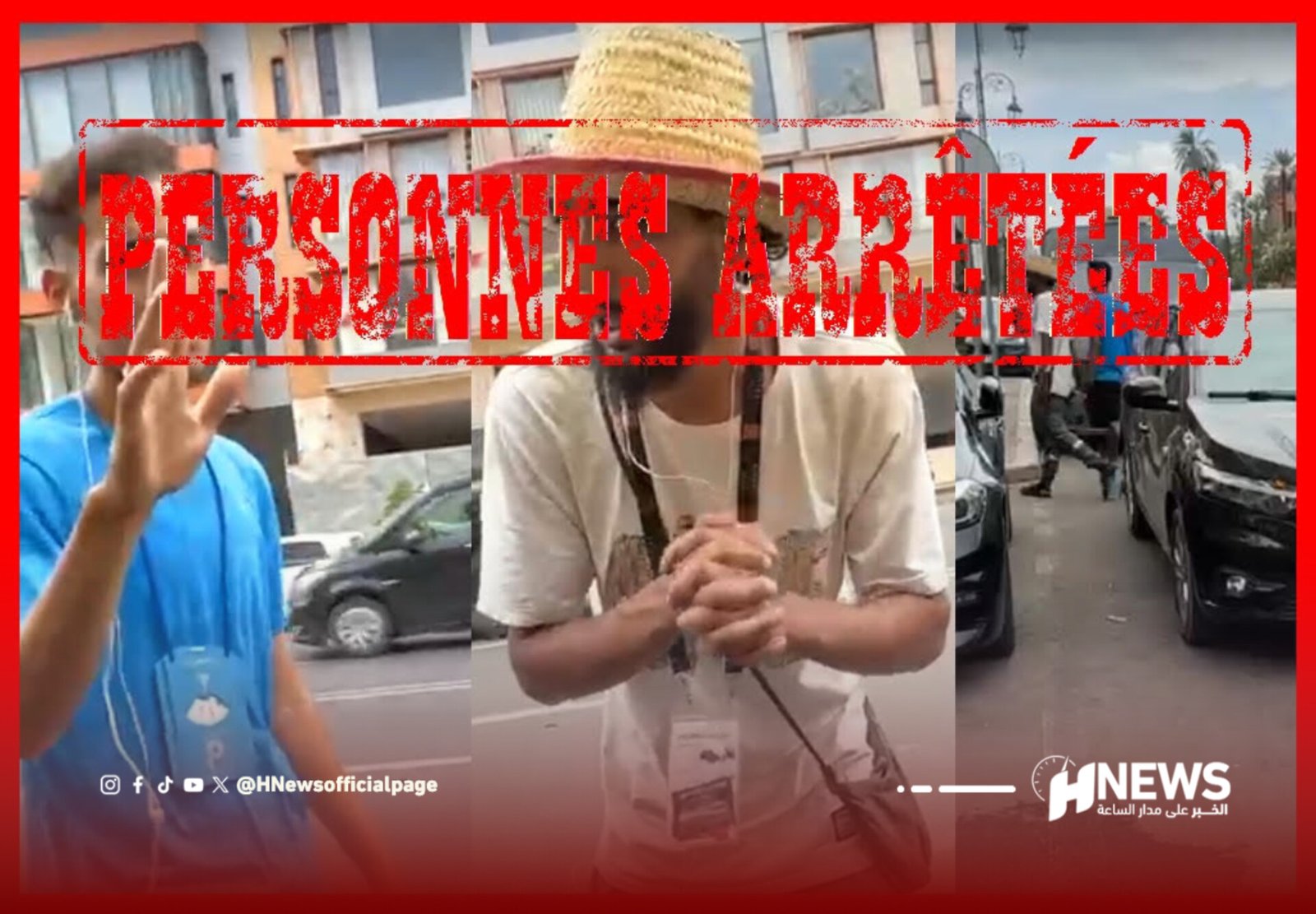 News video thumbnail with three men on a street and a large red 'Arrested Persons' stamp across the image.