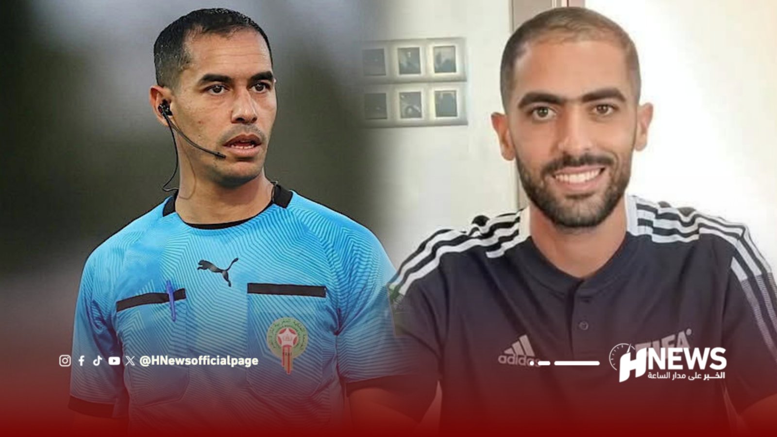 Two men shown side by side: a soccer referee in a blue kit with a headset on the left, and a smiling man in a dark Adidas shirt on the right (HNEWS watermark).