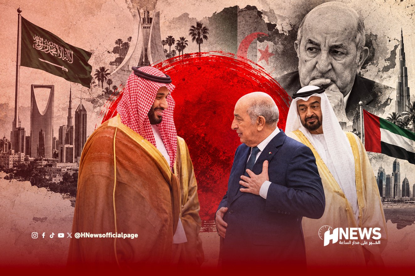 Three men, two in traditional Gulf attire and one in a suit, smile and converse in front of a collage of flags, landmarks, and a red sunburst; news logo in corner.