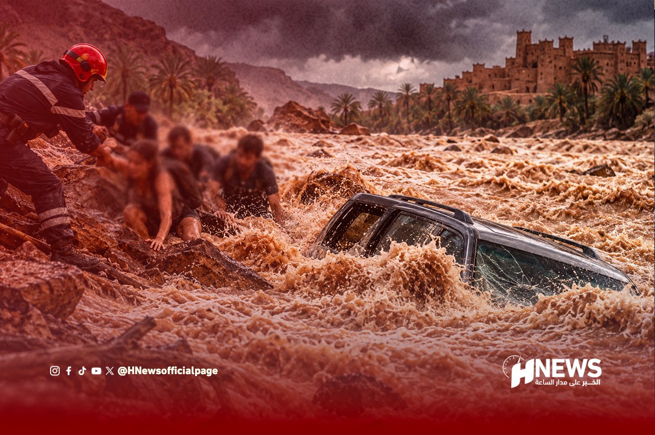 Firefighters and volunteers rescue people from a muddy flood with a partially submerged SUV amid rushing water.